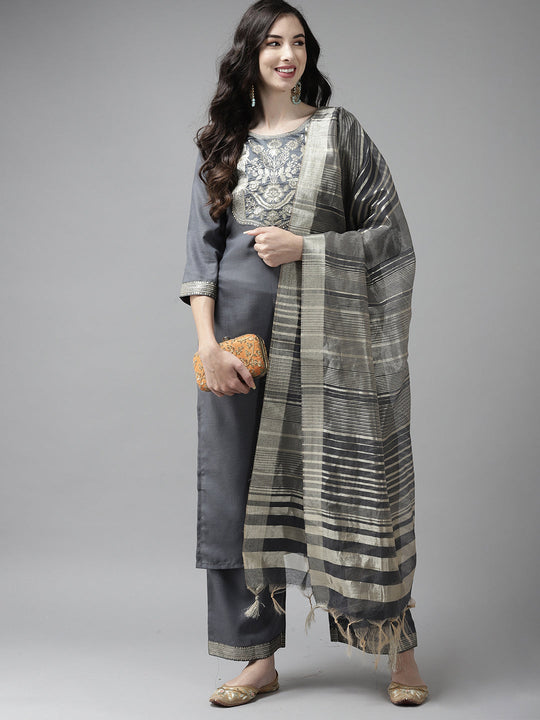 Indo Era Solid Grey Straight Kurta Palazzo With Dupatta Set