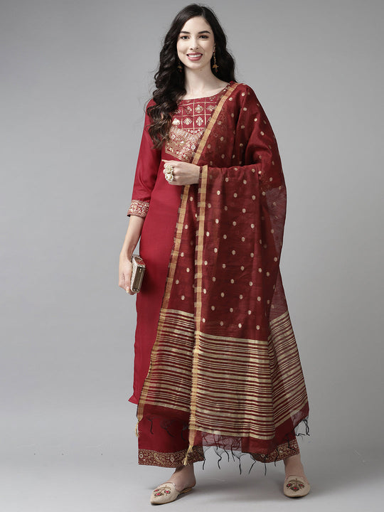 Indo Era Solid Maroon Straight Kurta Palazzo With Dupatta Set