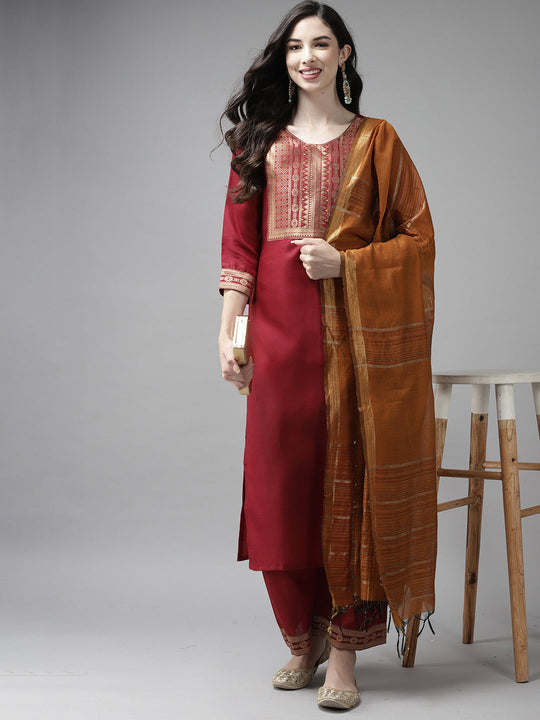 Indo Era Solid Maroon Straight Kurta Palazzo With Dupatta Set