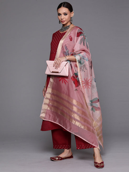 Indo Era Maroon Solid Straight Kurta Palazzo With Dupatta Set