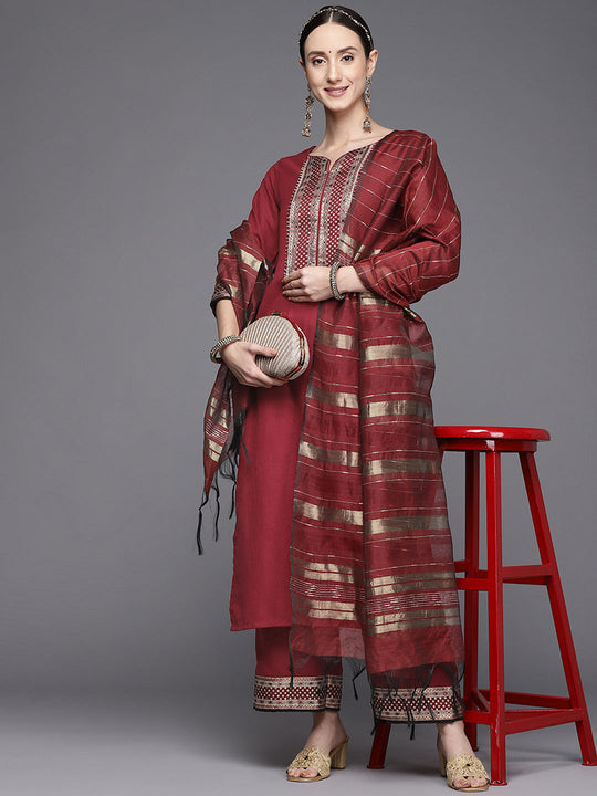 Indo Era Maroon Yoke Design Straight Kurta Palazzos With Dupatta Set