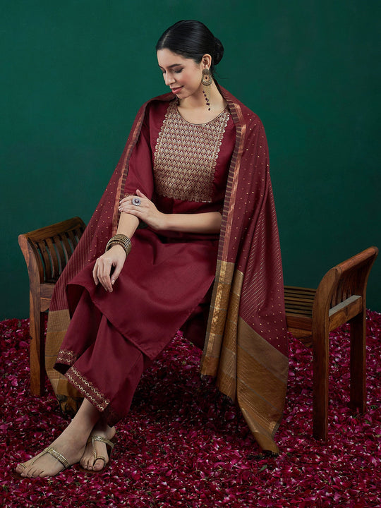 Indo Era Maroon Woven Design Straight Kurta Trousers With Dupatta set
