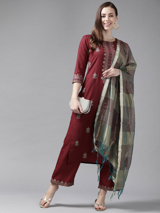 Indo Era Maroon Foil Printed Straight Kurta Palazzo With Dupatta Set