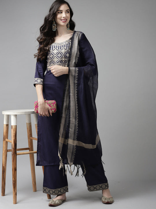 Indo Era Solid Navy Blue Straight Kurta Palazzo With Dupatta Set