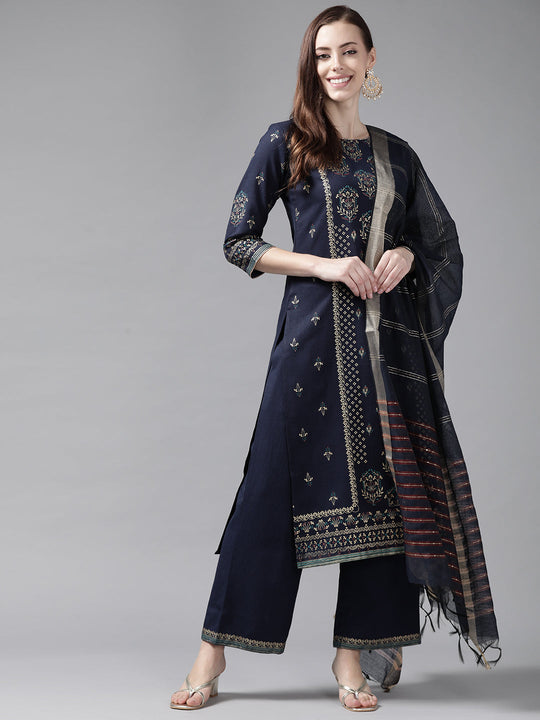 Indo Era Navy Blue Foil Printed Straight Kurta Palazzo With Dupatta Set