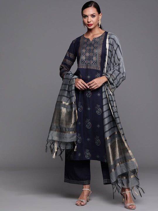 Indo Era Navy Blue Foil Printed Straight Kurta Palazzo With Dupatta Set