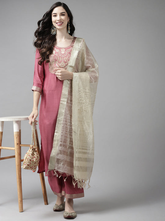 Indo Era Solid Pink Straight Kurta Palazzo With Dupatta Set