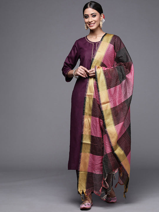Indo Era Purple Solid Straight Kurta Trouser With Dupatta Set