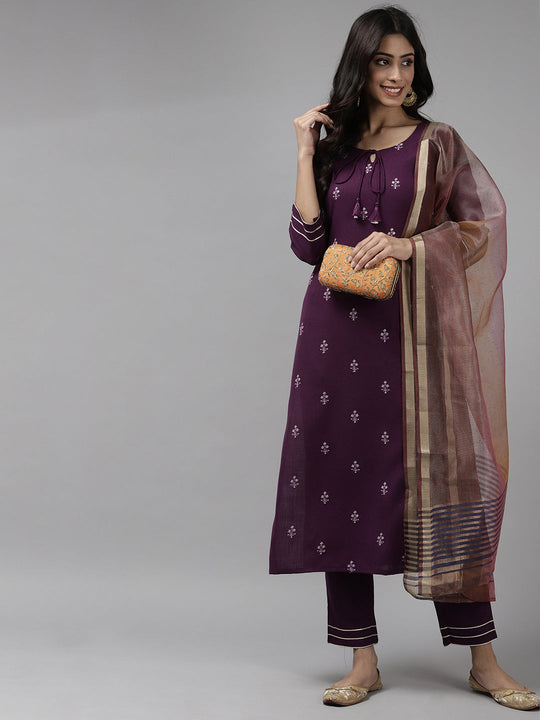 Indo Era Purple Embroidred Straight Kurta Trouser With Dupatta Set