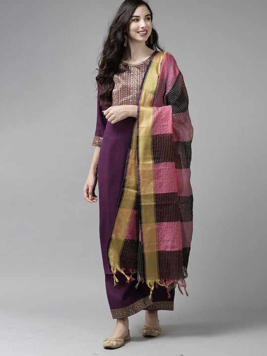 Indo Era Solid Wine Straight Kurta Palazzo With Dupatta Set