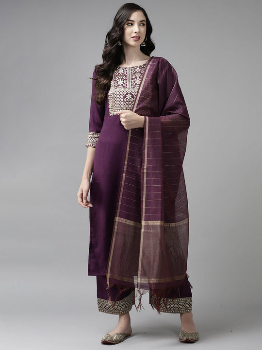 Indo Era Solid Wine Straight Kurta Palazzo With Dupatta Set