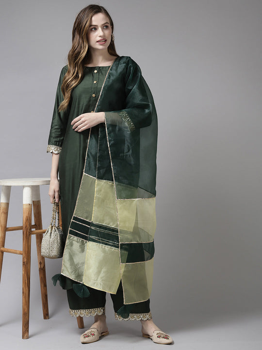 Indo Era Green Embroidered Straight Kurta Palazzo With Dupatta Set