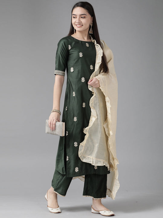 Indo Era Bottle Green Embroidered Straight Kurta Trouser With Dupatta Set