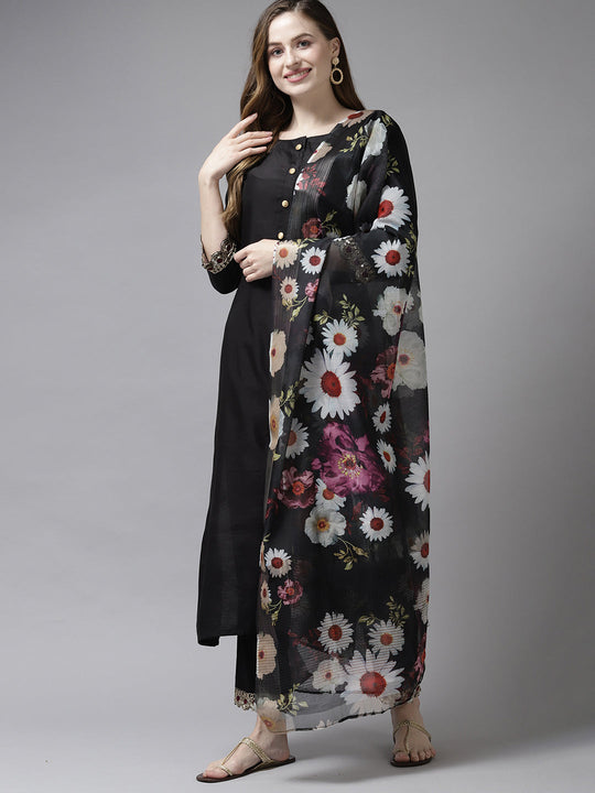 Indo Era Black Embroidered Straight Kurta Palazzo With Dupatta Set