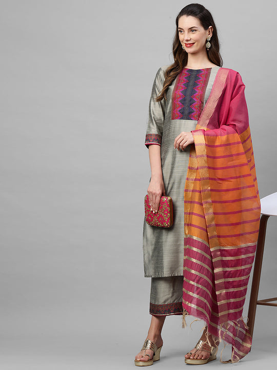 Indo Era Grey Solid Straight Kurta Palazzo With Dupatta Set