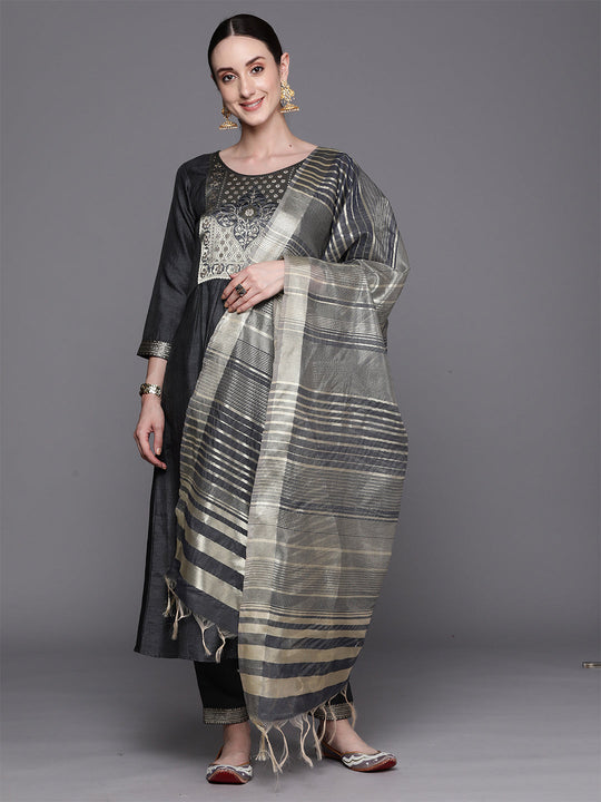 Indo Era Grey Yoke Design A-Line Kurta Trousers With Dupatta Set