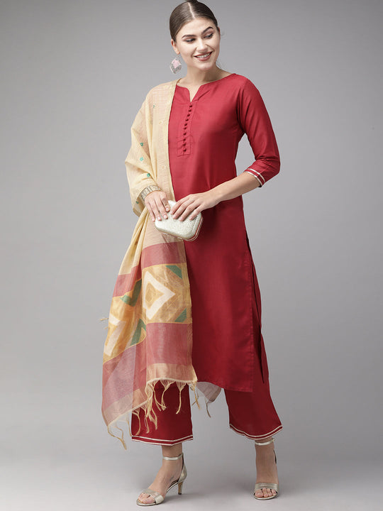 Indo Era Maroon Solid Straight Kurta Palazzo With Dupatta Set