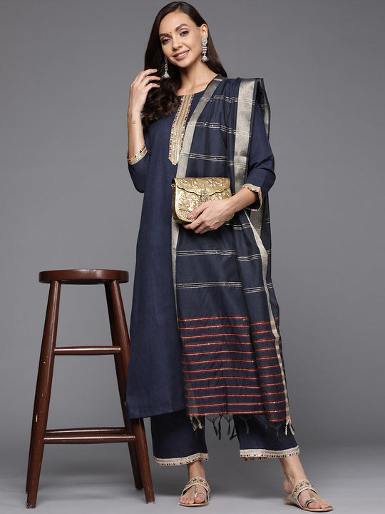 Indo Era Navy Blue Straight Kurta Palazzo With Dupatta Set
