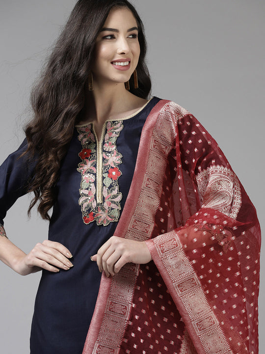 Indo Era Navy Blue Embroidered Straight Kurta Trouser With Dupatta Set