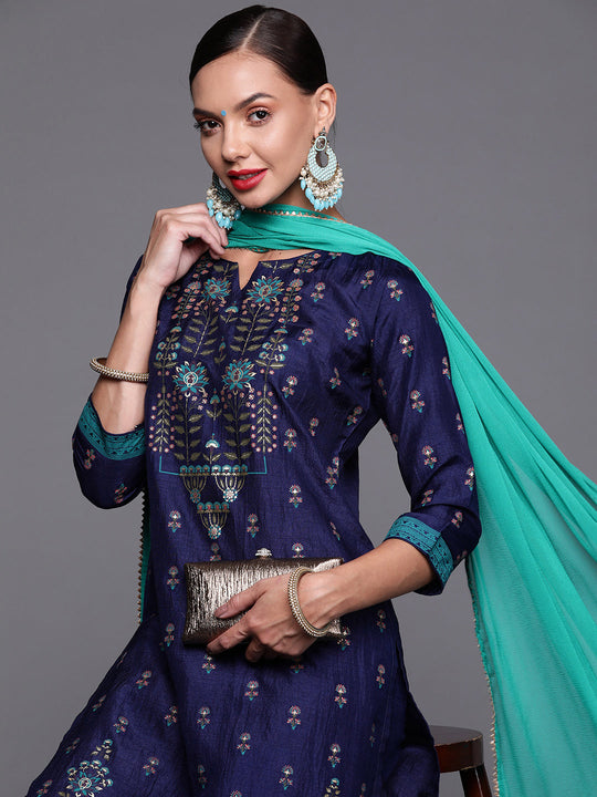 Indo Era Navy Blue Foil Printed Straight Kurta Palazzo With Dupatta Set