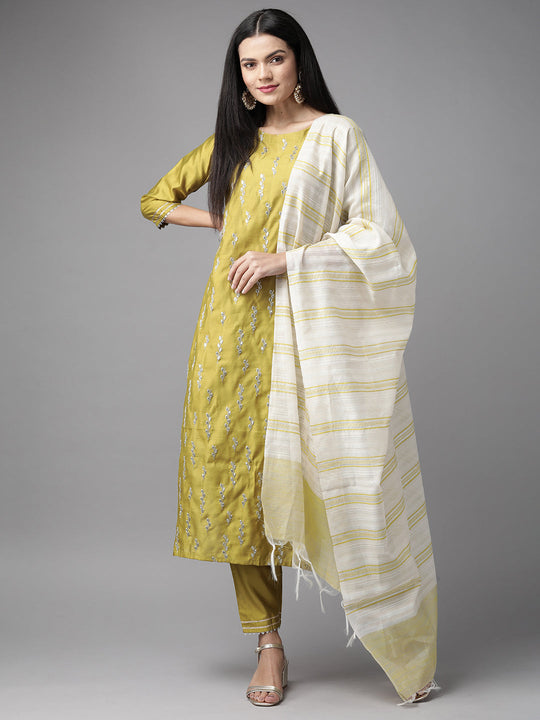 Indo Era Olive Embroidered Straight Kurta Trouser With Dupatta Set