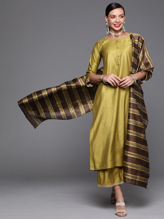 Indo Era Olive Embroidered Straight Kurta Palazzo With Dupatta Set