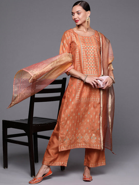 Indo Era Orange Foil Printed Straight Kurta Palazzo With Dupatta Set