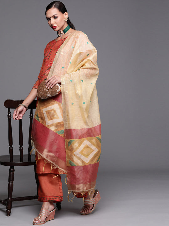 Indo Era Orange Foil Printed Straight Kurta Palazzo With Dupatta Set