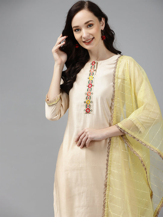 Indo Era Off White Embroidered Straight Kurta Palazzo With Dupatta Set