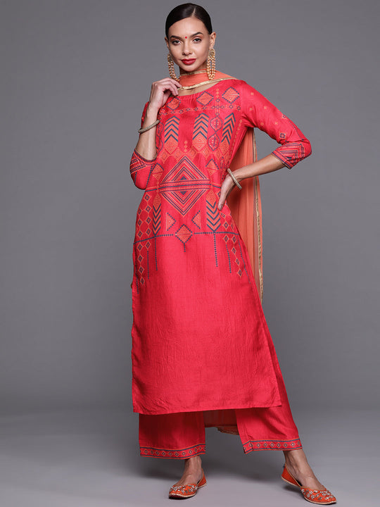 Indo Era Pink Foil Printed Straight Kurta Palazzo With Dupatta Set