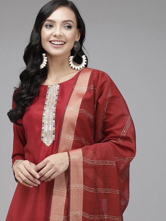 Indo Era Solid Red Straight Kurta Palazzo With Dupatta Set