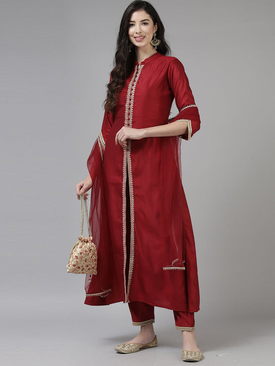 Indo Era Red Embroidered Straight Kurta Trouser With Dupatta Set