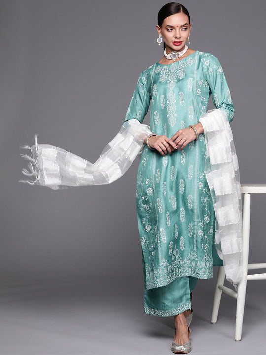 Indo Era Sea Green Foil Printed Straight Kurta Palazzo With Dupatta Set