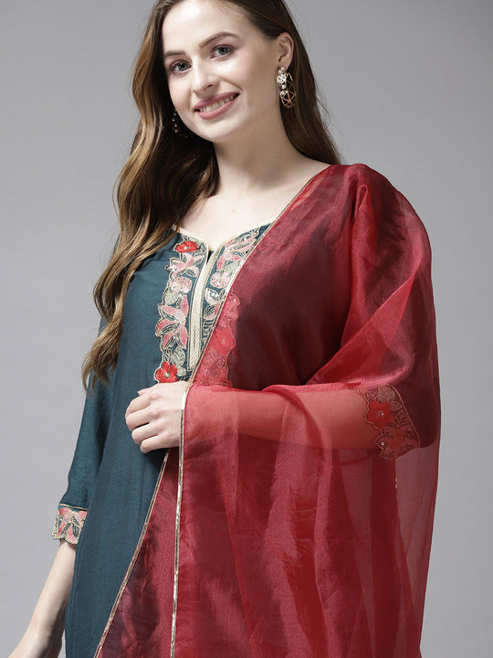 Indo Era Teal Embroidered Straight Kurta Trouser With Dupatta Set