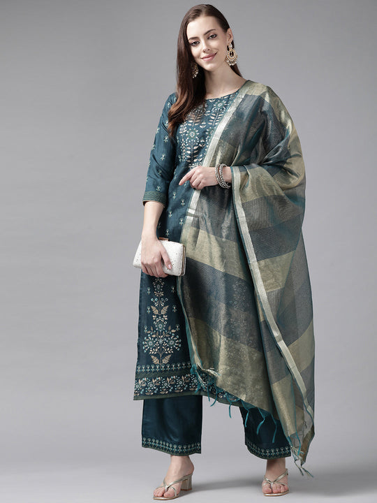 Indo Era Teal Foil Printed Straight Kurta Palazzo With Dupatta Set