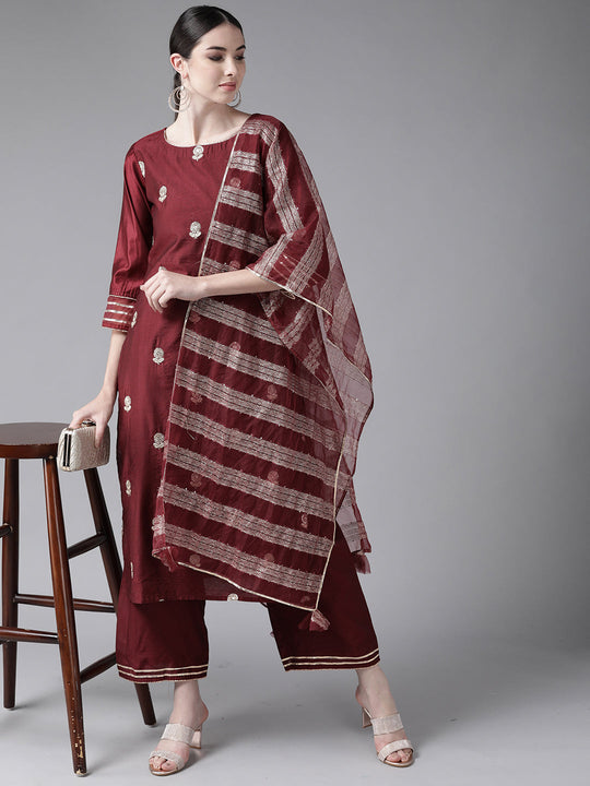 Indo Era Wine Embroidered Straight Kurta Trouser With Dupatta Set