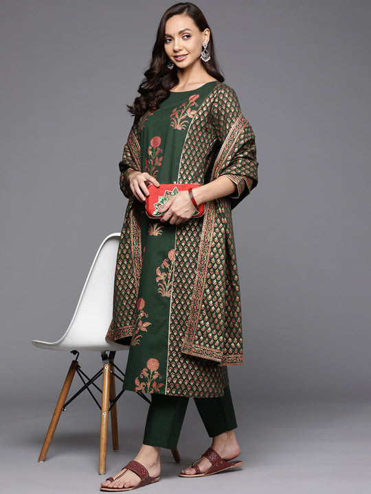 Indo Era Bottle Green Printed Straight Kurta Trouser With Dupatta Set