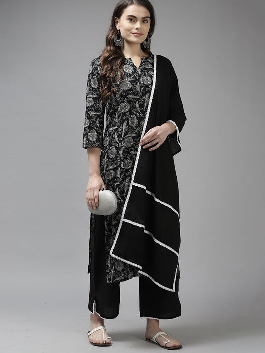 Indo Era Black Printed Straight Kurta Trouser With Dupatta Set