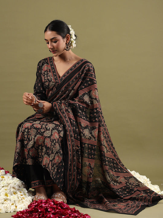 Indo Era Black Printed A-Line Kurta Trousers With Dupatta set
