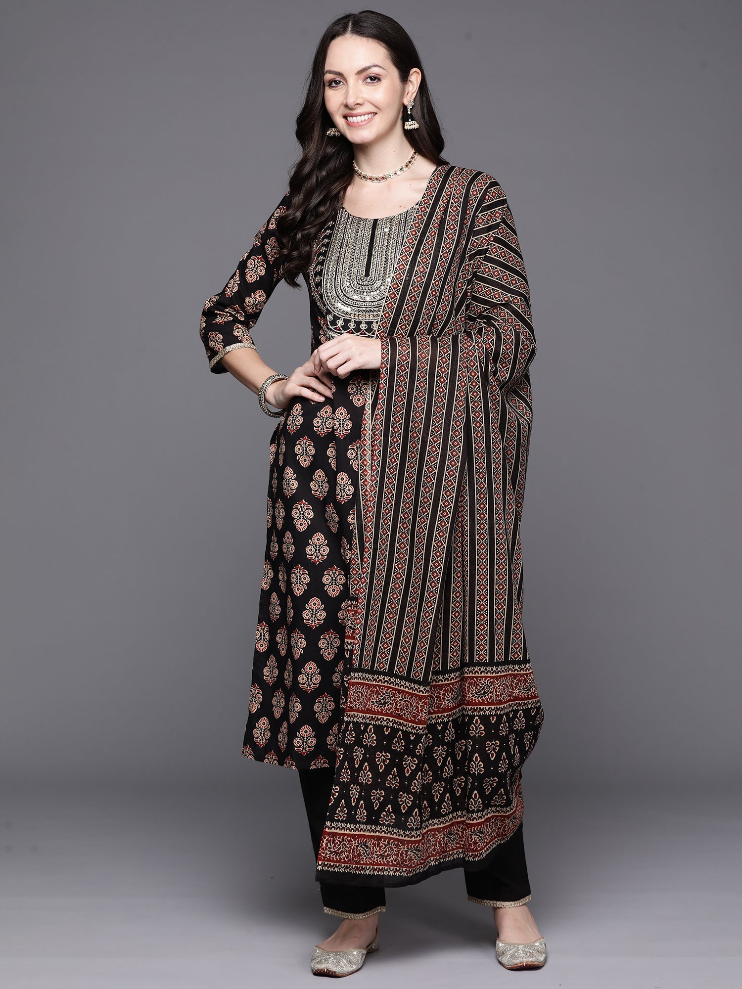 Women Black Embroidered Straight Kurta Trouser With Dupatta Set