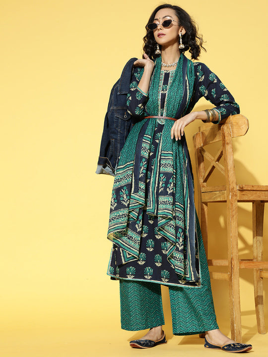 Indo Era Navy Blue & Green Floral Printed Kurta with Palazzos & With Dupatta