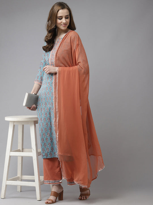 Indo Era Blue Printed Straight Kurta Palazzo With Dupatta Set