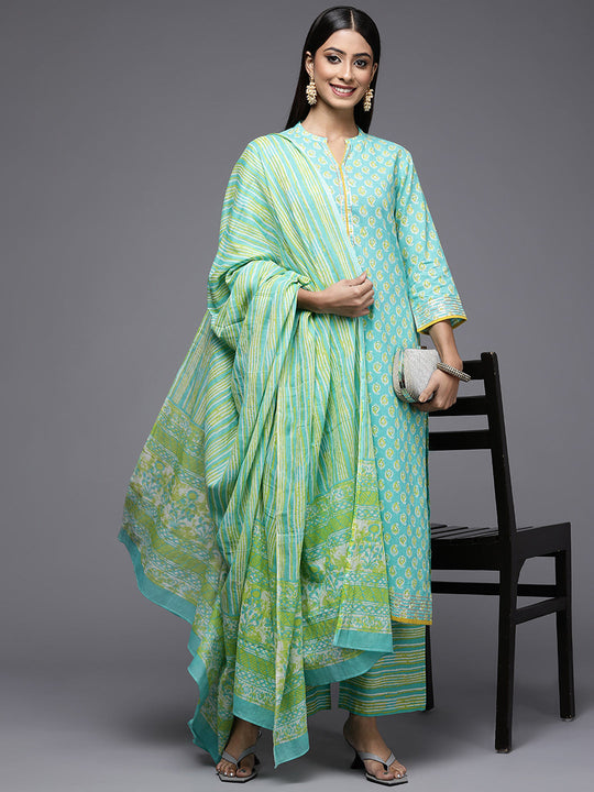 Indo Era Blue Printed Straight Kurta Palazzos With Dupatta Set