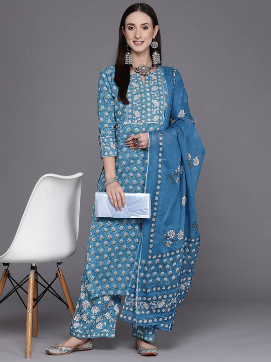 Indo Era Blue Printed Straight Kurta Palazzos With Dupatta Set