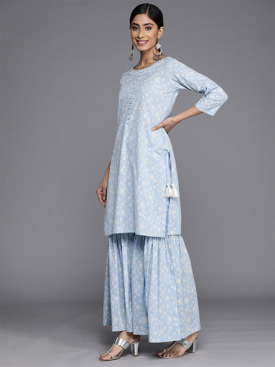 Indo Era Blue Printed Straight Kurta Sharara With Dupatta Set