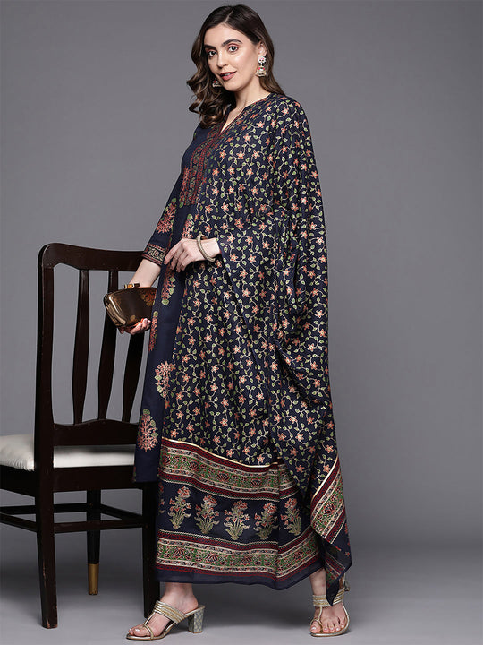 Indo Era Blue Printed Straight Kurta Trousers With Dupatta Set