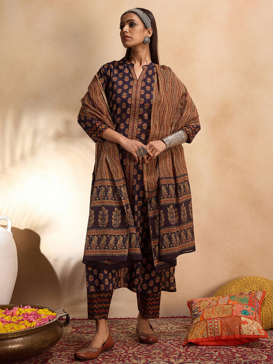 Indo Era Blue Printed Straight Kurta Trousers With Dupatta set