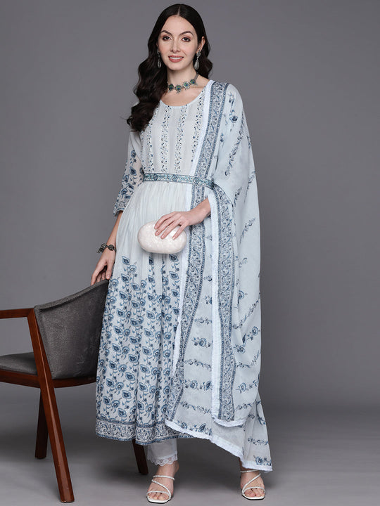 Indo Era Blue Floral Embroidered Beaded Pure Cotton Kurta with Trousers & With Dupatta