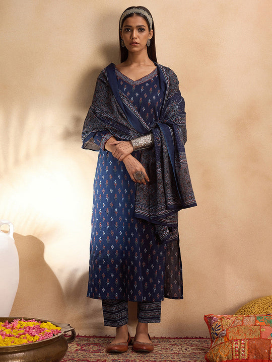Indo Era Blue Printed Straight Kurta Trousers With Dupatta set