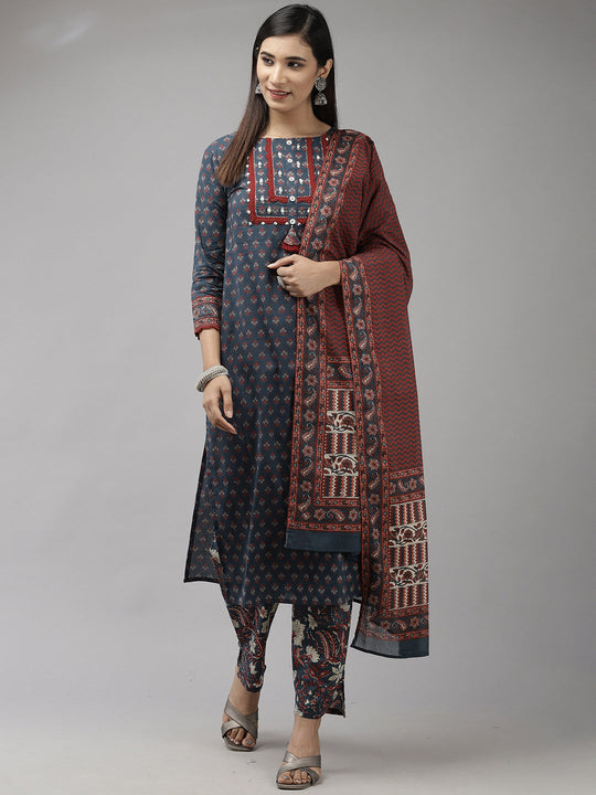 Indo Era Blue Printed Straight Kurta Palazzo With Dupatta Set